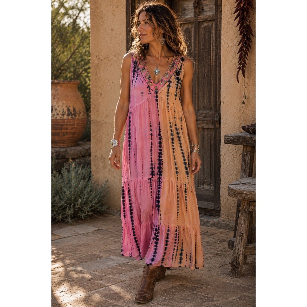 The Pyramid Collection Dawn Tie Dye Embroidered Boho Maxi Dress Pink XL